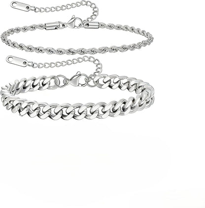 3 Stück Herren Silber Armbänder, robustes Curb Edelstahl Breite Schlangenkette Figaro Cuban Armband Set 7/7.8+1.2 Zoll verstellbares Stapel-Silberkettenarmband für Männer