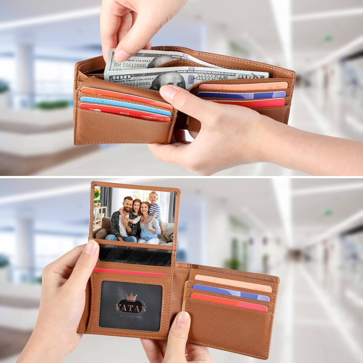 VATAN Herren Slim Wallet RFID Schutz Leder Kreditkartenetui für 15 Karten, Bifold Minimalistisches Dünnes Portemonnaie mit 2 Ausweisfenstern und Geldscheinfach, mit Geschenkbox (Carbon Fiber Schwarz)