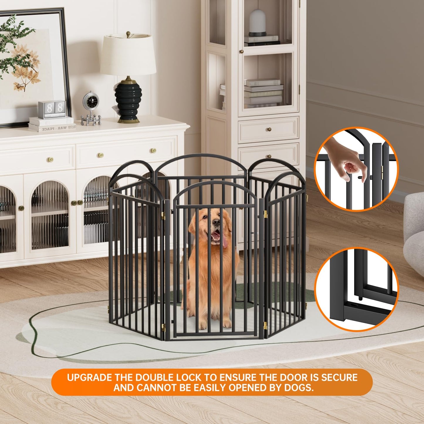 SNUOWU 4 Panels Full Matel Freestanding Dog Gates with Door, 96"Extra Wide 36"Tall Free Standing Dog Pet Gate for Indoor & Outdoor. Foldable Pet Fences for Doorways, House, Stairs, Porch, Deck, Yard