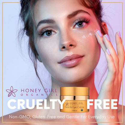 Honey Girl Organics Face & Eye Crème, USDA Certified Organic Facial Moisturizer & Under Eye Cream for Wrinkles, Dark Circles and Puffiness w/Hydrating Honey, Beeswax, Essential Oils & EVOO. 1.75oz