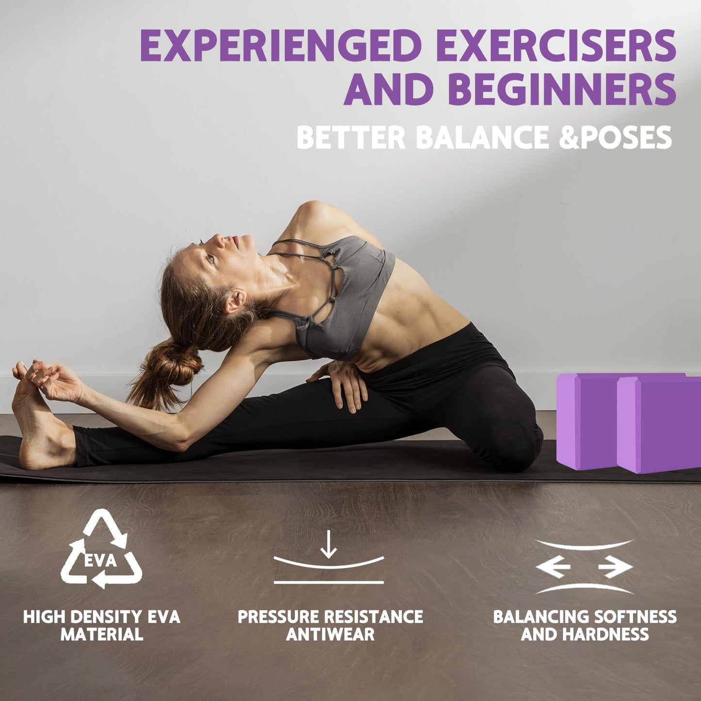MBKHFLL (Lila-2er-Pack) Yoga-Block – Stützender latexfreier EVA-Schaumstoff – Weiche, rutschfeste Oberfläche mit abgeschrägten Kanten für Yoga, Pilates, Meditation – Yoga-Zubehör für Stabilität, Gleichgewicht, Vertiefung von Dehnungen
