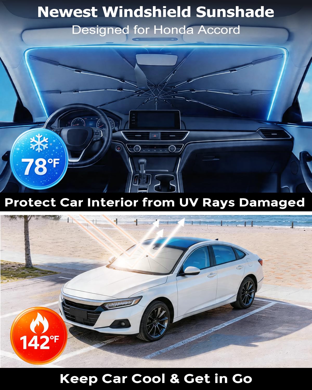 DMJN Umbrella Windshield Sun Shade for Jeep Grand Cherokee (2011-2026), Car Sunshade for Front Windshield [Nano Ice-Crystal Coatings] UPF50+ Heat & UV Block, Protect Interior & Keep Cooler