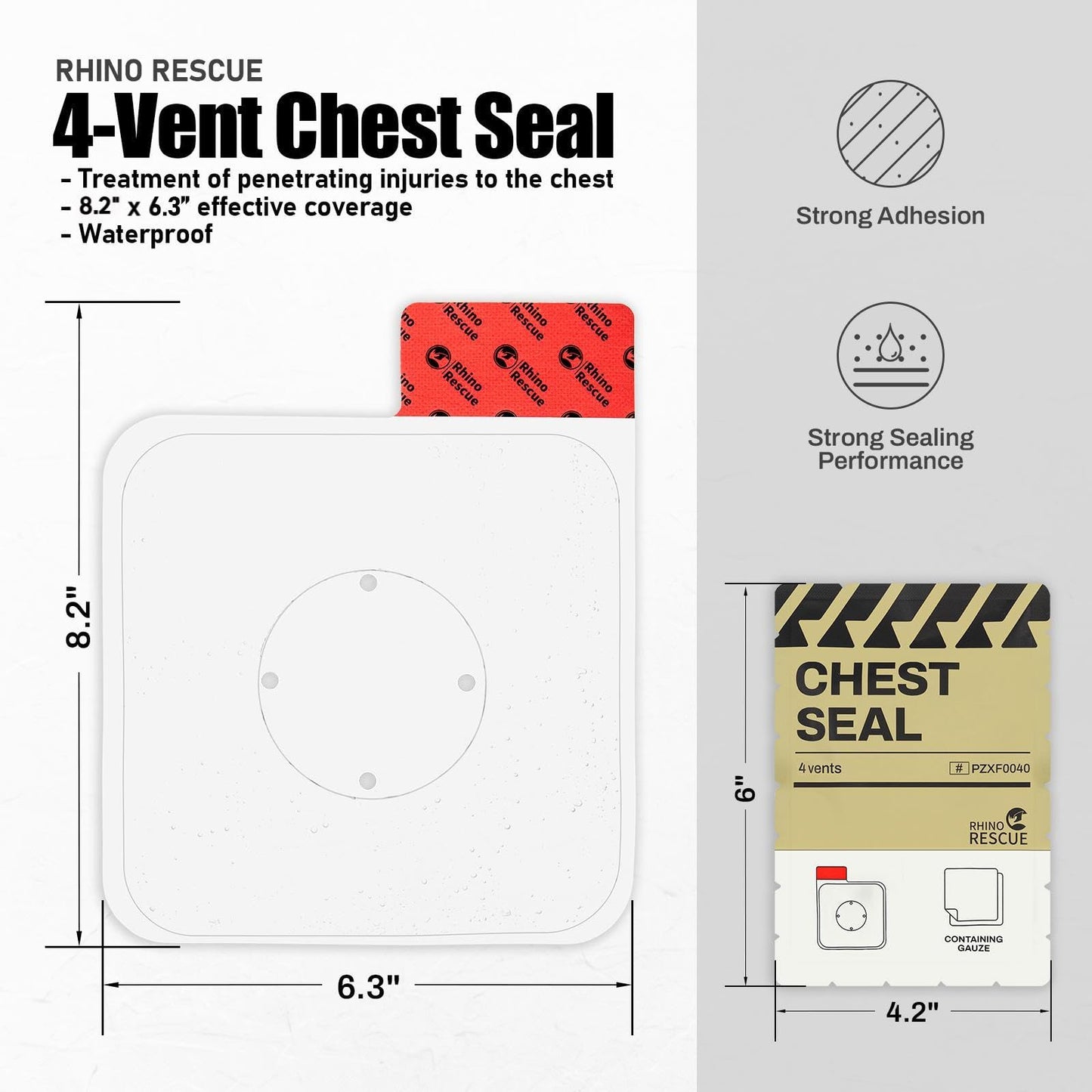 RHINO RESCUE Vented Chest Seal, 4 Vents, Sterile Emergency Trauma Dressing, Occlusive Adhesive Pad, IFAK Trauma Refill Medical First Aid Supplies for Wound Care, Gunshot Wound, Sucking Chest(20 Count)