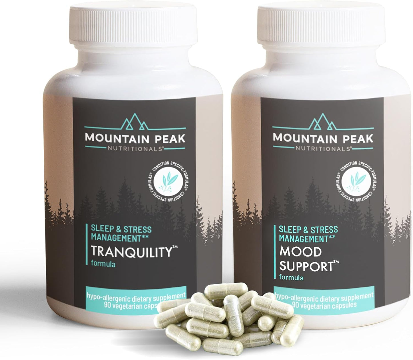 Mountain Peak Nutritionals Tranquility & Mood Support Formula Bundle - Supports Brain Health, Stress Relief, Sleep & Serotonin Levels - Hypoallergenic Dietary Supplement (2 Pack, 90 Capsules Each)