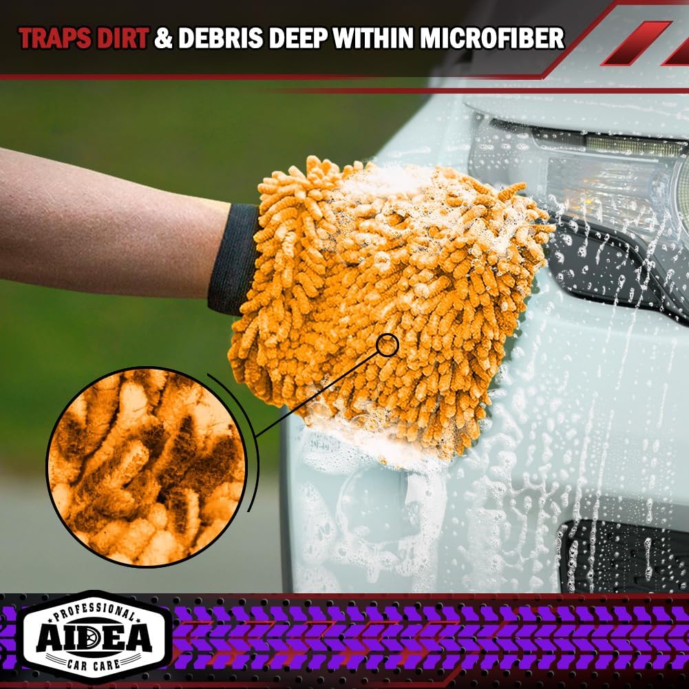 AIDEA Auto Waschhandschuh Mikrofaser, 2er Pack Kratzfrei Fusselfrei, Premium Chenille Mikrofaser Waschhandschuh Auto Waschbürste, Grün, Reguläre Größe 18,08 cm x 25,76 cm