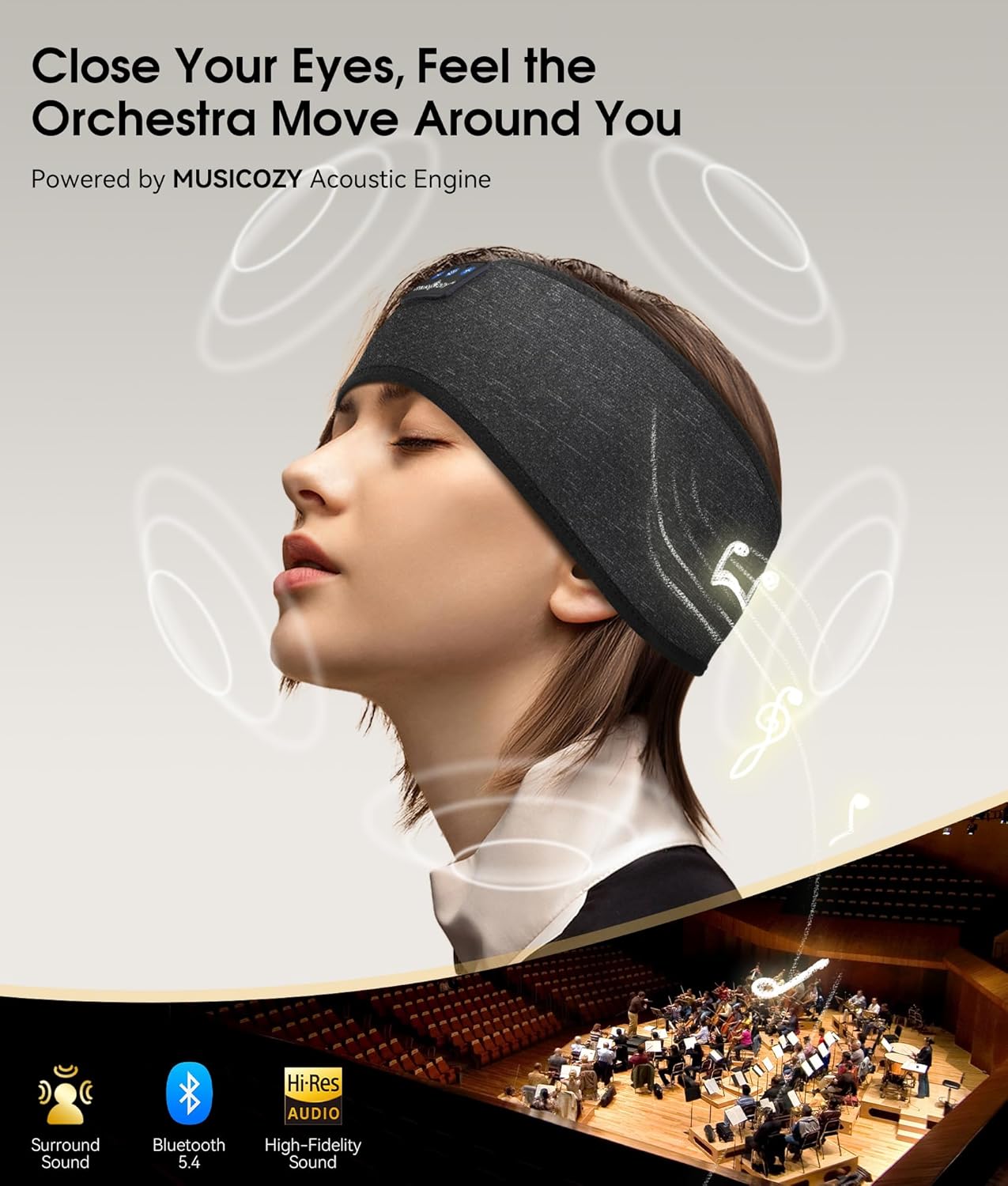 MUSICOZY Bluetooth 5.4 Schlaf-Kopfhörer-Stirnband, kabellose Schlaf-Kopfhörer-Schlafmaske Ohrhörer IPX6 wasserdicht für Seitenschläfer, Training, Laufen, Schlaflosigkeit, Reisen, Yoga, coole Tech-Gadgets, einzigartiges Geschenk