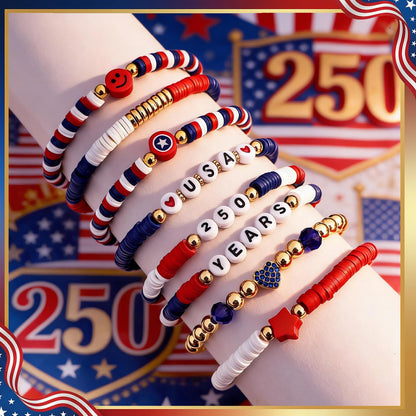 250 Anniversary USA Merchandise 4th of July Outfits for Women Men Teens Red White Blue Clay Beaded Stretch Bracelets USA Patriotic Jewelry 4th of July Accessories
