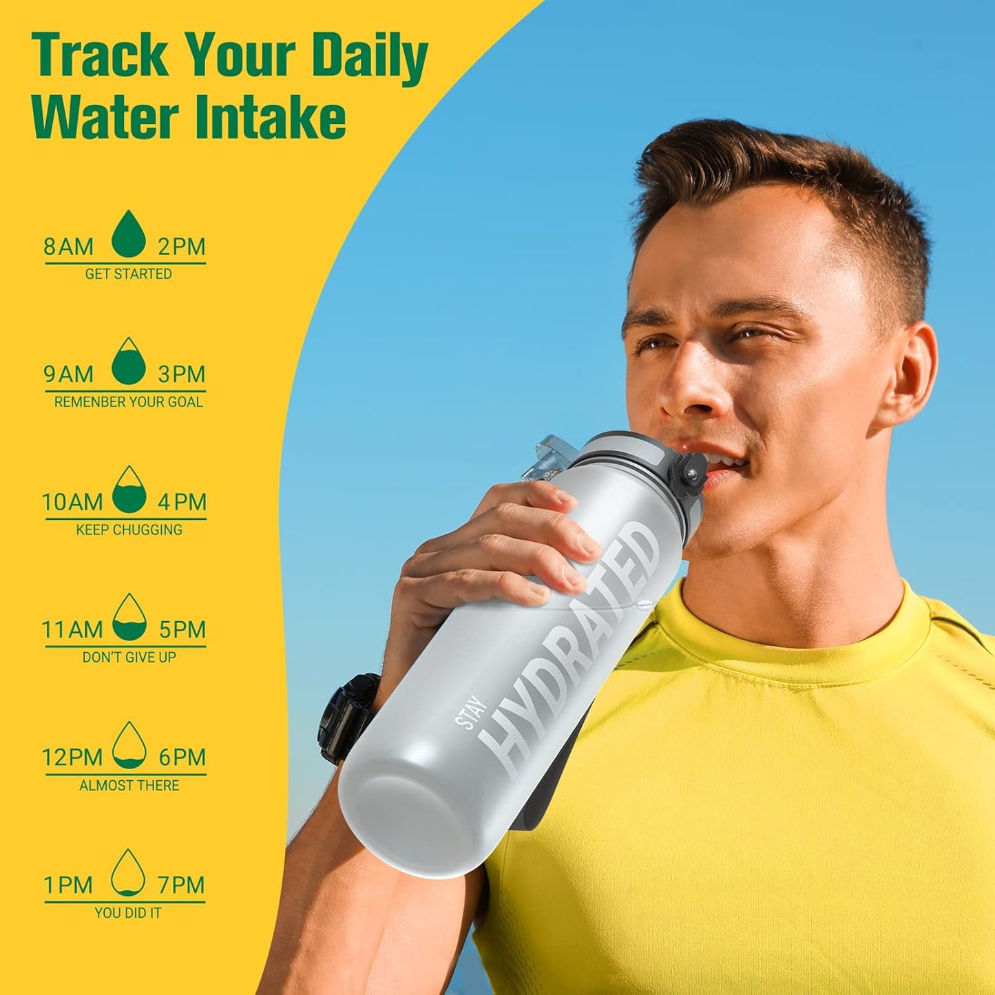 Sahara Sailor Trinkflasche, 950ml Motivations-Sportflasche mit Zeitmarkierung – Trinkzeiten – Tritan, BPA-frei, weite Öffnung auslaufsicher, Fast-Flow-Technologie mit Reinigungsbürste (1 Flasche)