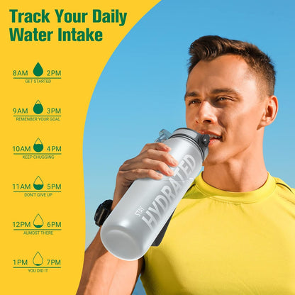 Sahara Sailor Trinkflasche, 950ml Motivations-Sportflasche mit Zeitmarkierung – Trinkzeiten – Tritan, BPA-frei, weite Öffnung auslaufsicher, Fast-Flow-Technologie mit Reinigungsbürste (1 Flasche)