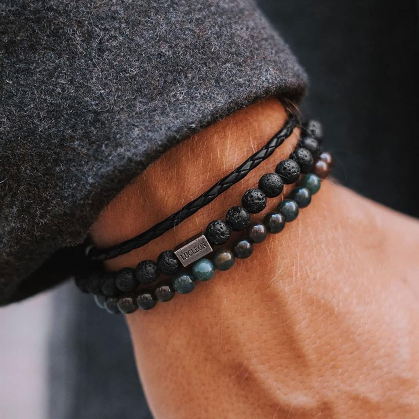 Tigerauge Armband für Herren 8MM Natursteinperlen Armband Set Stretch Lava Stein Armbänder Verstellbares Schwarzes Kristallperlenarmband für Herren Damen Geschenke