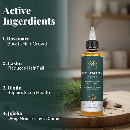 AVD Organics Rosmarinöl für Haarwachstum & Kopfhaut | Mit Biotin angereichert | Haarstärkend, pflegend und voluminös | Mit Jojoba- & Rizinusöl angereichert | GVO-frei 120ml