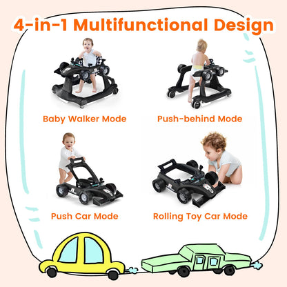 HONEY JOY 4-in-1 Baby Walker, Activity Push Walker w/3 Adjustable Heights, Smooth Wheels w/Adjustable Speed, Padded Seat, Music & Light, Foldable Car Walker for Baby Boys Girls Age 6 Months+ (Blue)