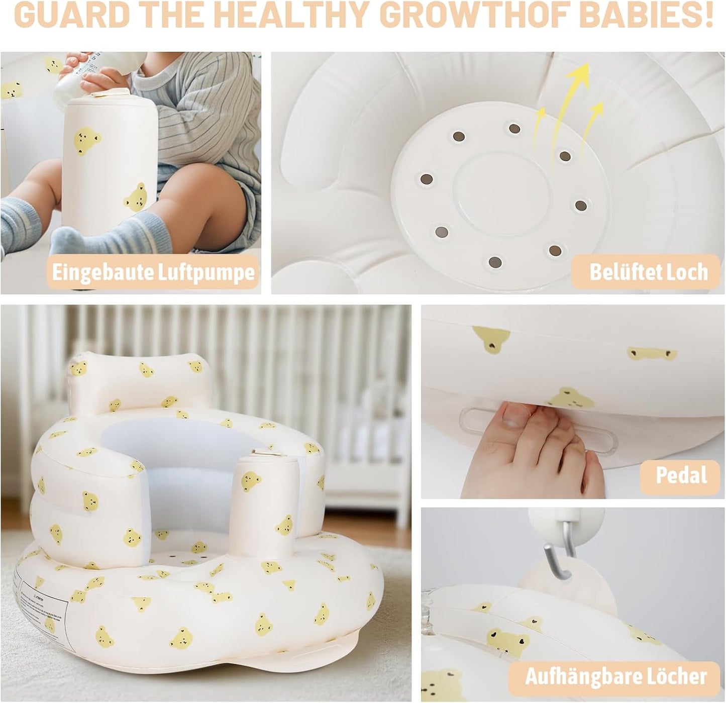 Aufblasbarer Babysitz, aufblasbarer Babystuhl für Babys ab 3 Monaten, aufblasbarer Sommerstuhl mit integrierter Luftpumpe, Baby-Bodensitz zum Sitzenlernen, Spielen, Campen, Orange