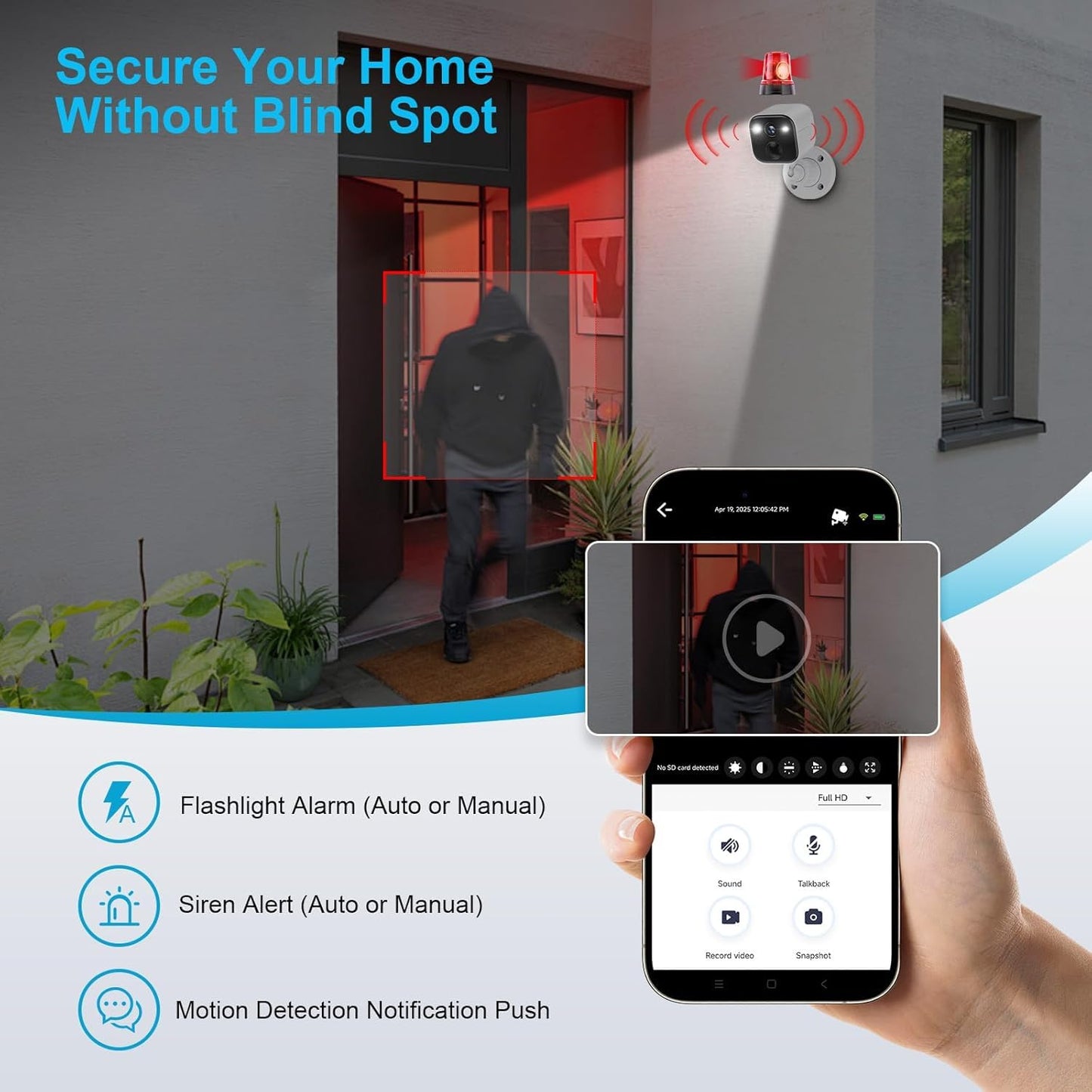 Security Cameras Wireless Outdoor, Battery Powered WiFi Camera for Home Security, 2K Color Night Vision, AI Motion Detection, IP65 Waterproof, 2-Way Audio, Spotlight & Siren, Cloud/SD Storage