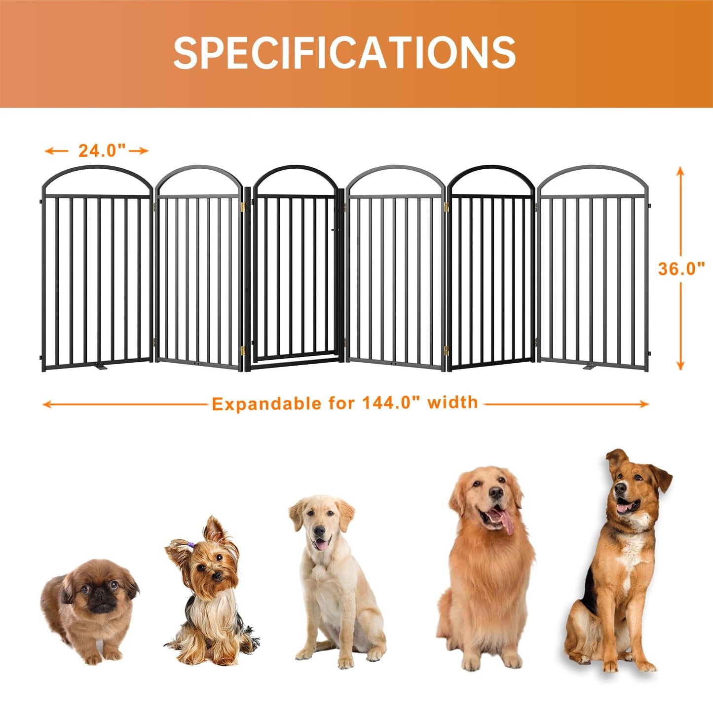 SNUOWU 4 Panels Full Matel Freestanding Dog Gates with Door, 96"Extra Wide 36"Tall Free Standing Dog Pet Gate for Indoor & Outdoor. Foldable Pet Fences for Doorways, House, Stairs, Porch, Deck, Yard