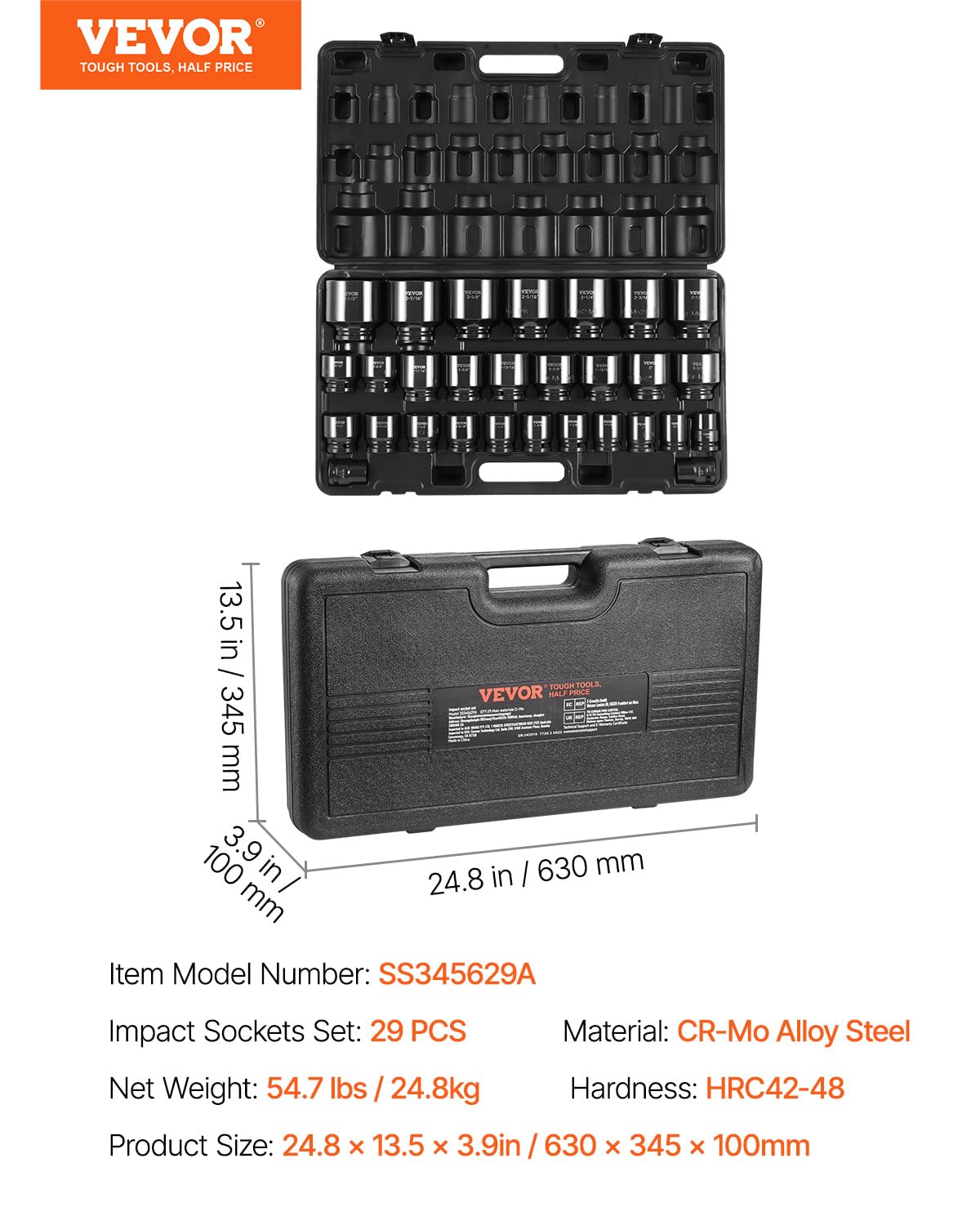 VEVOR 91-Piece 1/2" Drive Impact Socket Set, SAE (5/16" to 1-1/4") & Metric (8 to 32 mm), CR-V, Deep & Shallow, 6 Point, Ratchet Handle, Universal Joint, Adapters, Extension Bars (3, 5, 10 in)