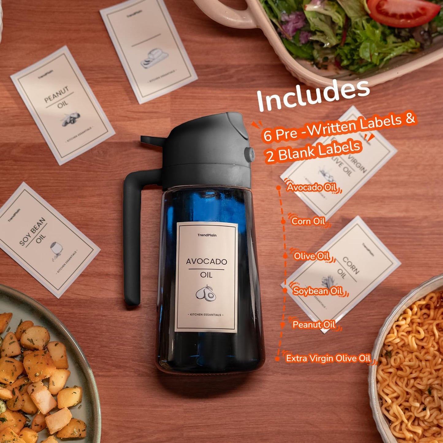 TrendPlain Botella dispensadora de aceite de oliva de 470 ml para utensilios de cocina - Dispensador y pulverizador 2 en 1 - Pulverizador de aceite de oliva con pegatinas (bloqueo de luz) - Sin BPA - Negro