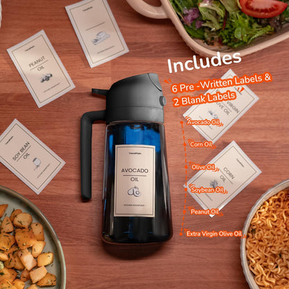 TrendPlain Botella dispensadora de aceite de oliva de 470 ml para utensilios de cocina - Dispensador y pulverizador 2 en 1 - Pulverizador de aceite de oliva con pegatinas (bloqueo de luz) - Sin BPA - Negro