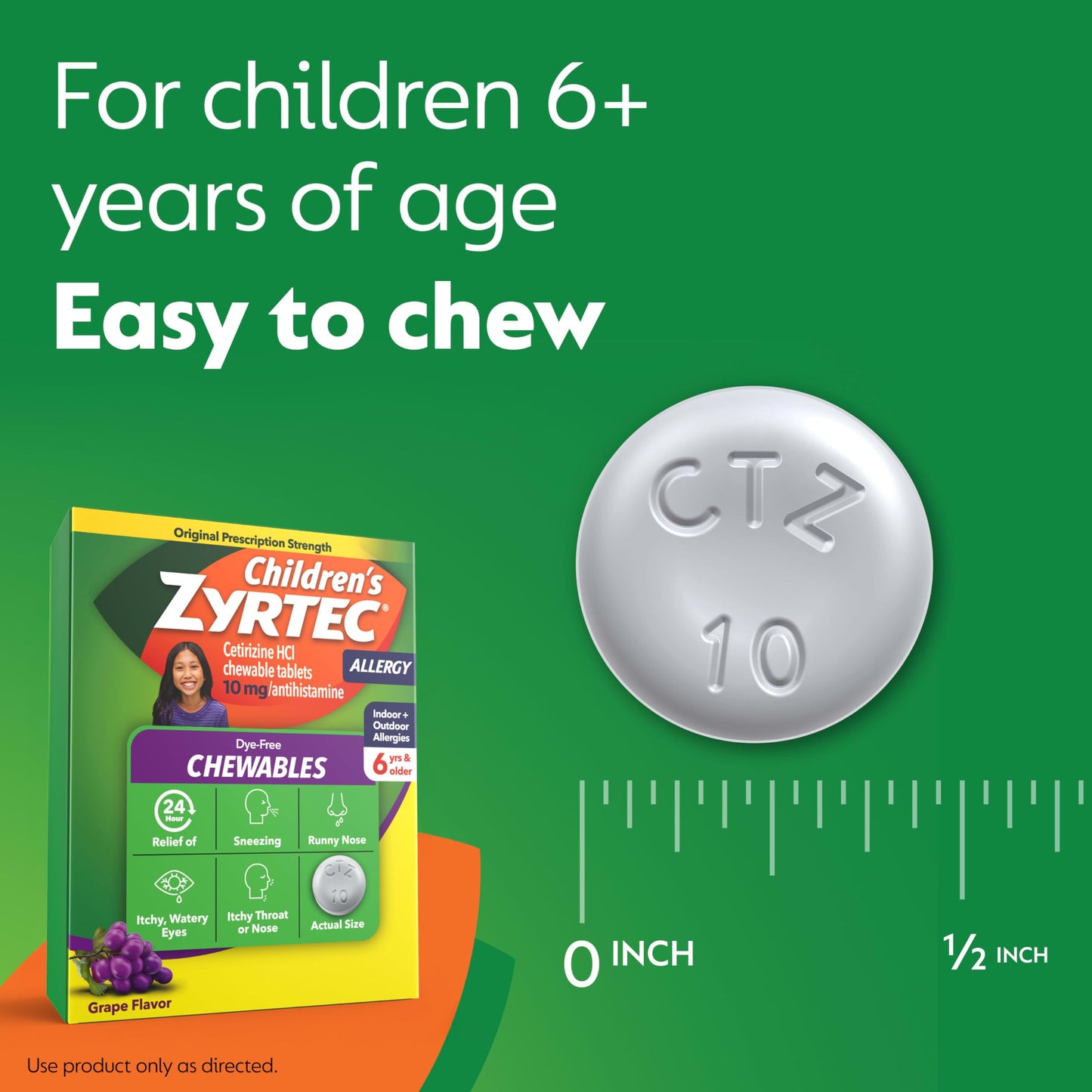 Zyrtec Children's Dye-Free Chewables for 24 Hour Allergy Relief, 10 mg Cetirizine Hydrochloride Antihistamine Tablets, Kids Allergy Medicine Relieves Sneezing & Itchy Throat, Grape, 48 ct(Pack of 2)