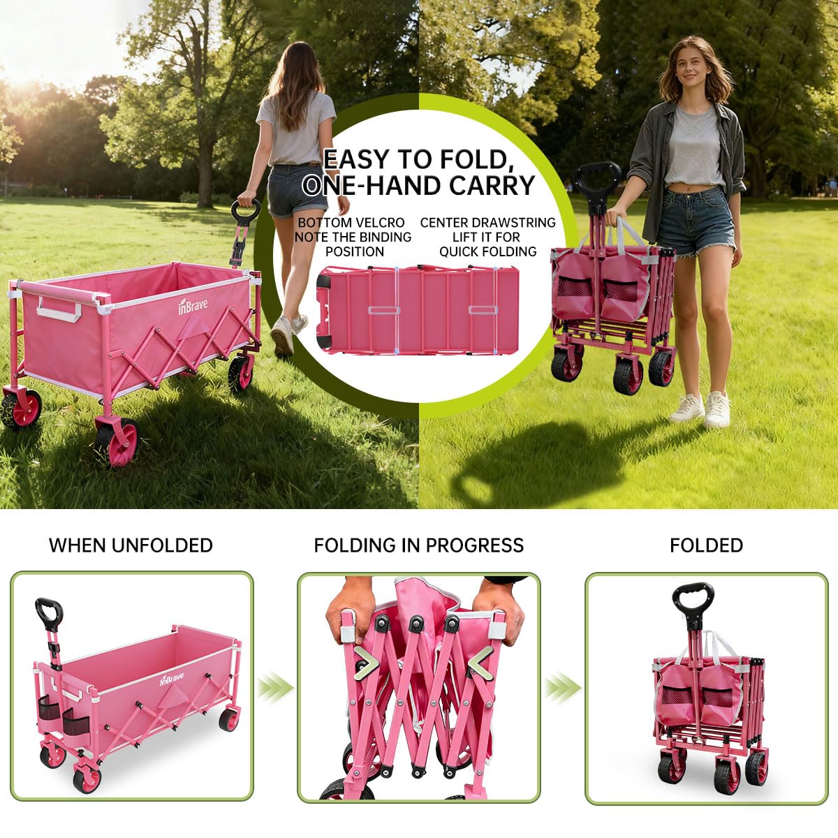 Extra Long Collapsible Wagon Cart, 480LBS Heavy Duty Utility Wagons with All-Terrain Wheels, Foldable Grocery Carts for Gardening, Shopping, Beach, Camping, Black