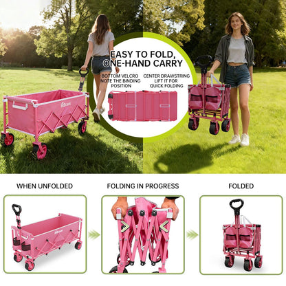 Extra Long Collapsible Wagon Cart, 480LBS Heavy Duty Utility Wagons with All-Terrain Wheels, Foldable Grocery Carts for Gardening, Shopping, Beach, Camping, Black