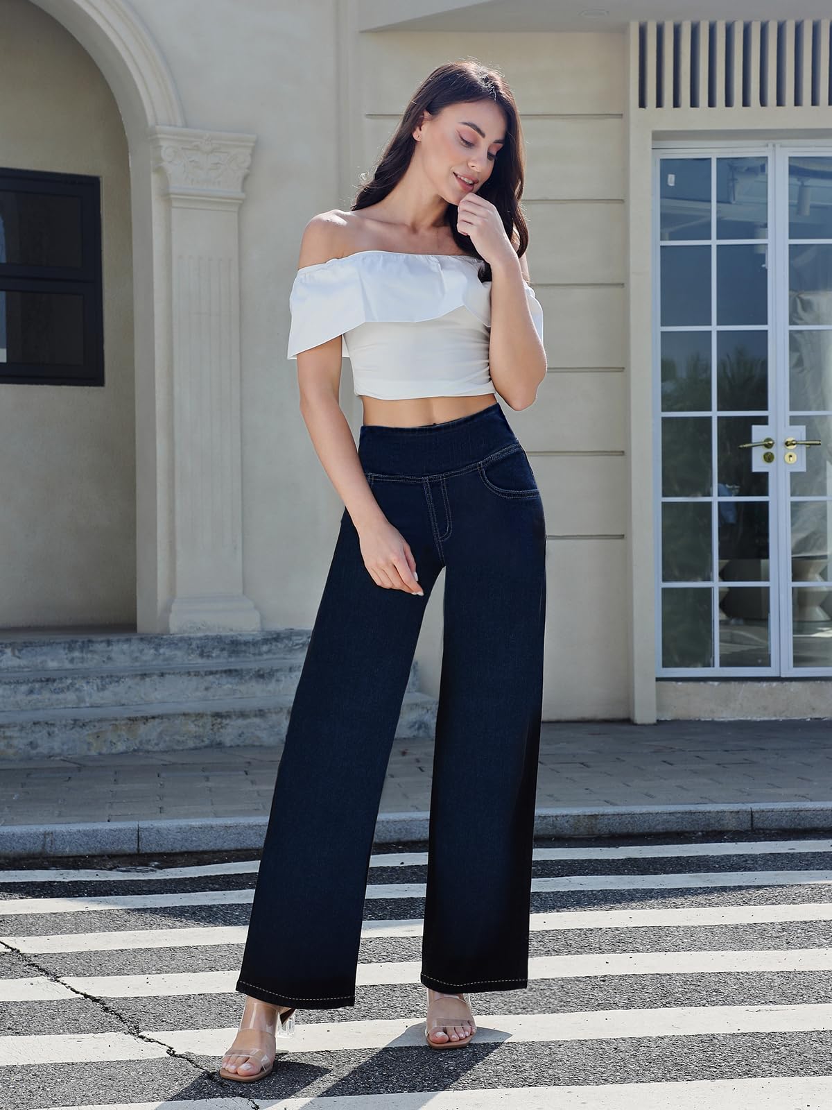 Chasehot Damen Jeans, Weites Bein, zum Reinschlüpfen, High Waist, Stretchy, Baggy, Trendy, Bauchkontrolle, Gerades Bein, Denim, Dunkelindigo Waschung-L