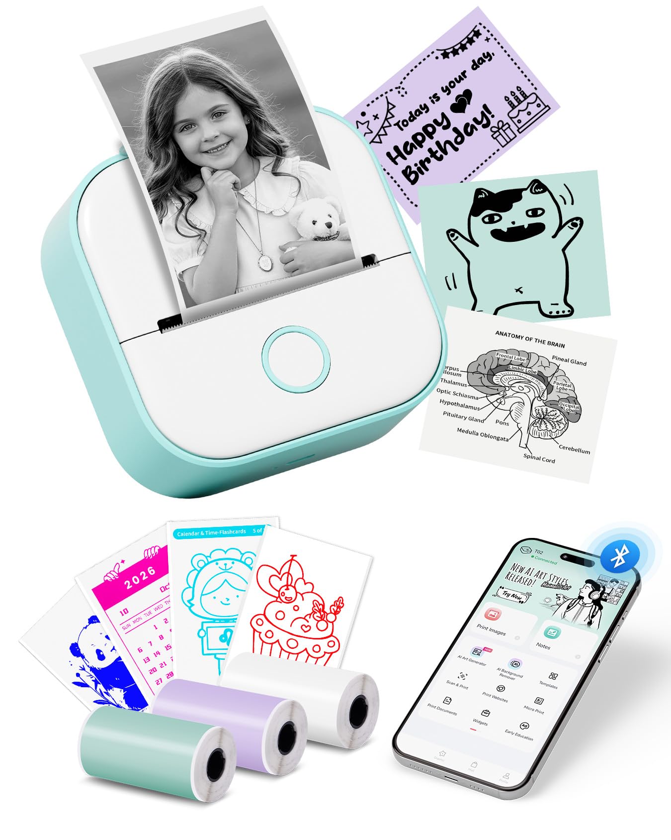 Memoking Mini Printer - T02 Sticker Printer Print Pod Portable Thermal Inkless Sticker Maker Bluetooth Pocket Mini Photo Printer Instant Print, Smart AI APP, for Student Study Note, Journal, DIY, Gift