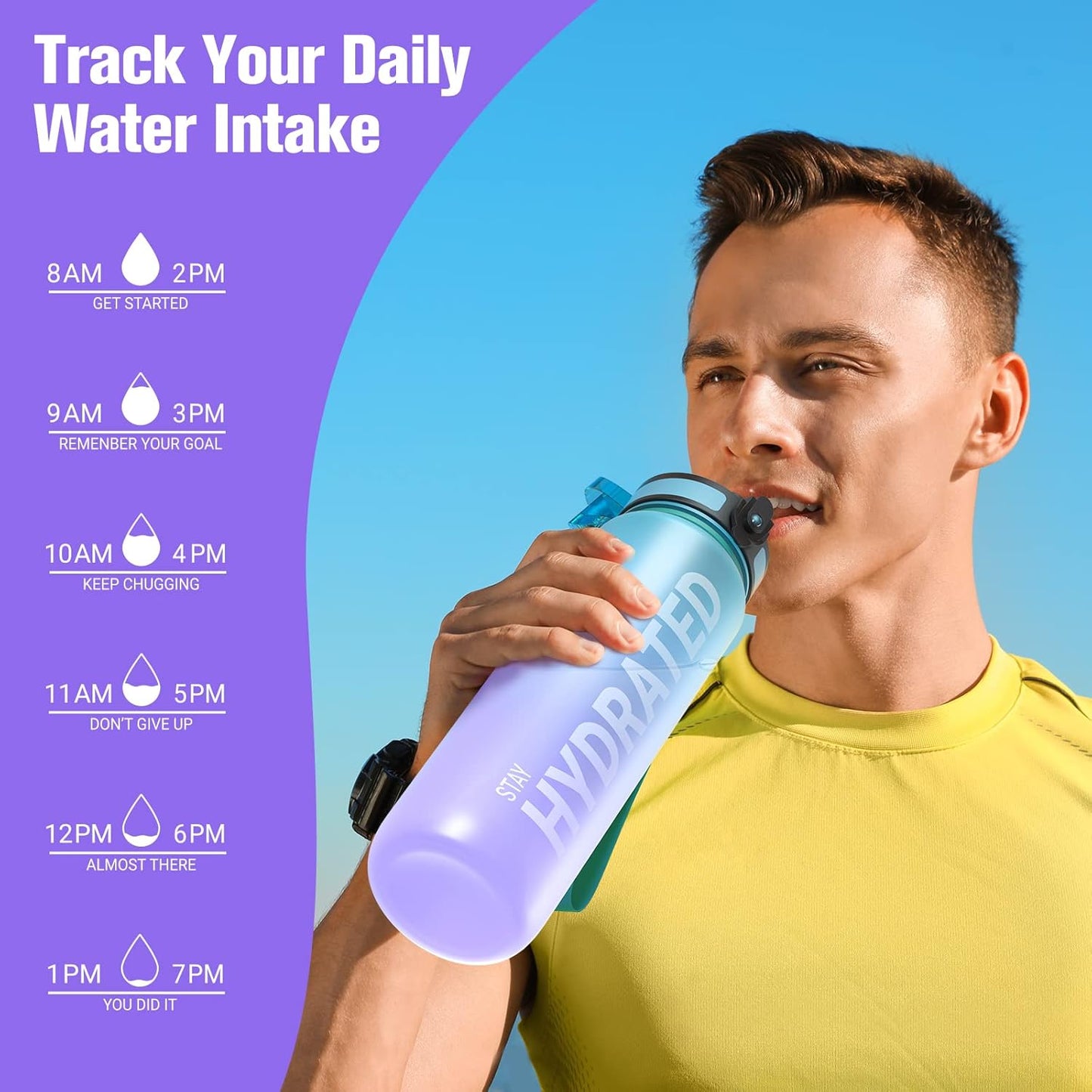Sahara Sailor Trinkflasche, 950ml Motivations-Sportflasche mit Zeitmarkierung – Trinkzeiten – Tritan, BPA-frei, weite Öffnung auslaufsicher, Fast-Flow-Technologie mit Reinigungsbürste (1 Flasche)