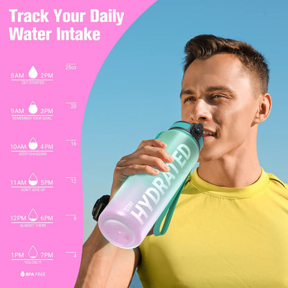 Sahara Sailor Trinkflasche, 950ml Motivations-Sportflasche mit Zeitmarkierung – Trinkzeiten – Tritan, BPA-frei, weite Öffnung auslaufsicher, Fast-Flow-Technologie mit Reinigungsbürste (1 Flasche)