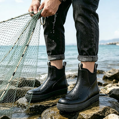 Men's Deck Boots, Waterproof Ankle Rain Boots with Anti-Slip Traction, Rubber Garden & Fishing Boots for Boating, Camping, Farming & Outdoor Work