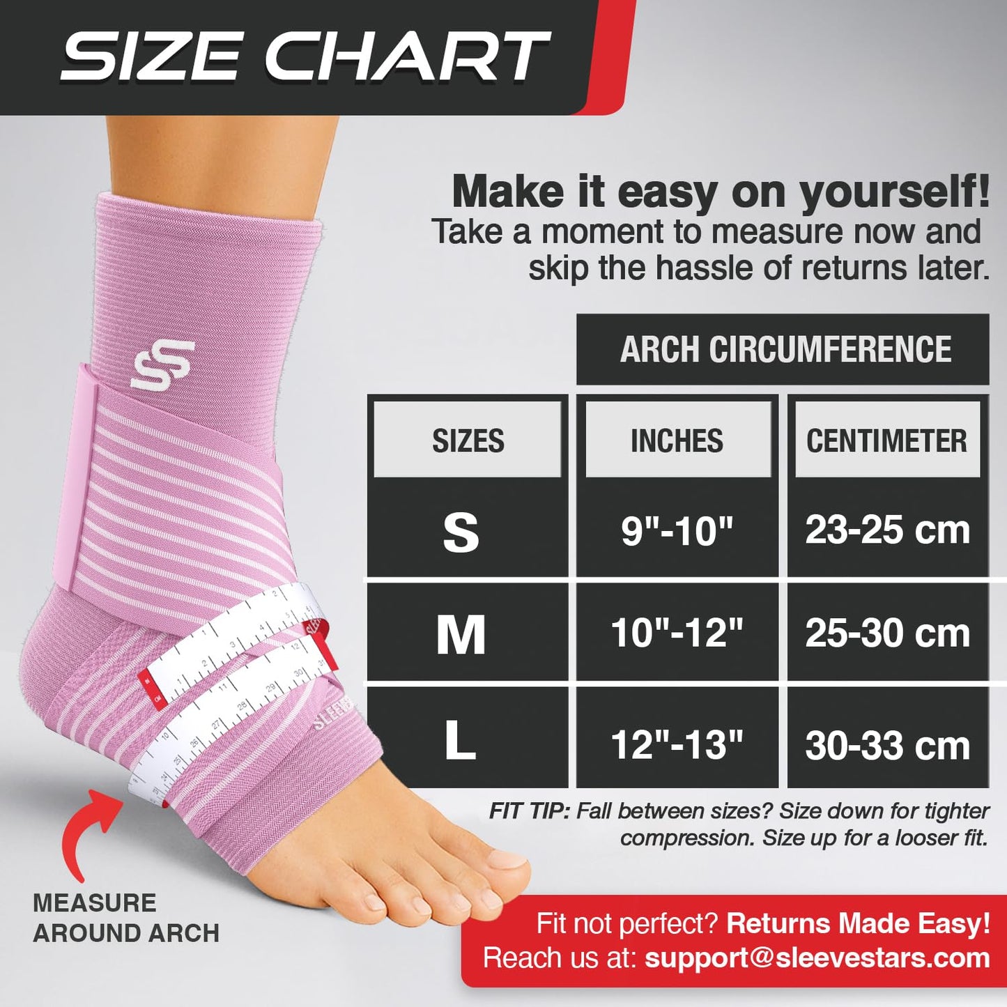 Sleeve Stars Knöchelbandage für Damen & Herren, Knöchelwickel für Verstauchungen, Kompressionsmanschette zur Linderung von Plantarfasziitis, Leicht anpassbare Unterstützung: mit abnehmbarem Gurt (Einzeln/M:25-30cm/Schwarz)