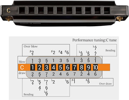 JDR Mundharmonika C, Blues-Mundharmonika in C, 10-Loch, 20 Töne mit Etui, Standard diatonisch für Anfänger, Erwachsene, Profis, Lehrer, Eltern, Schüler, Schwarz, Neujahrsgeschenk