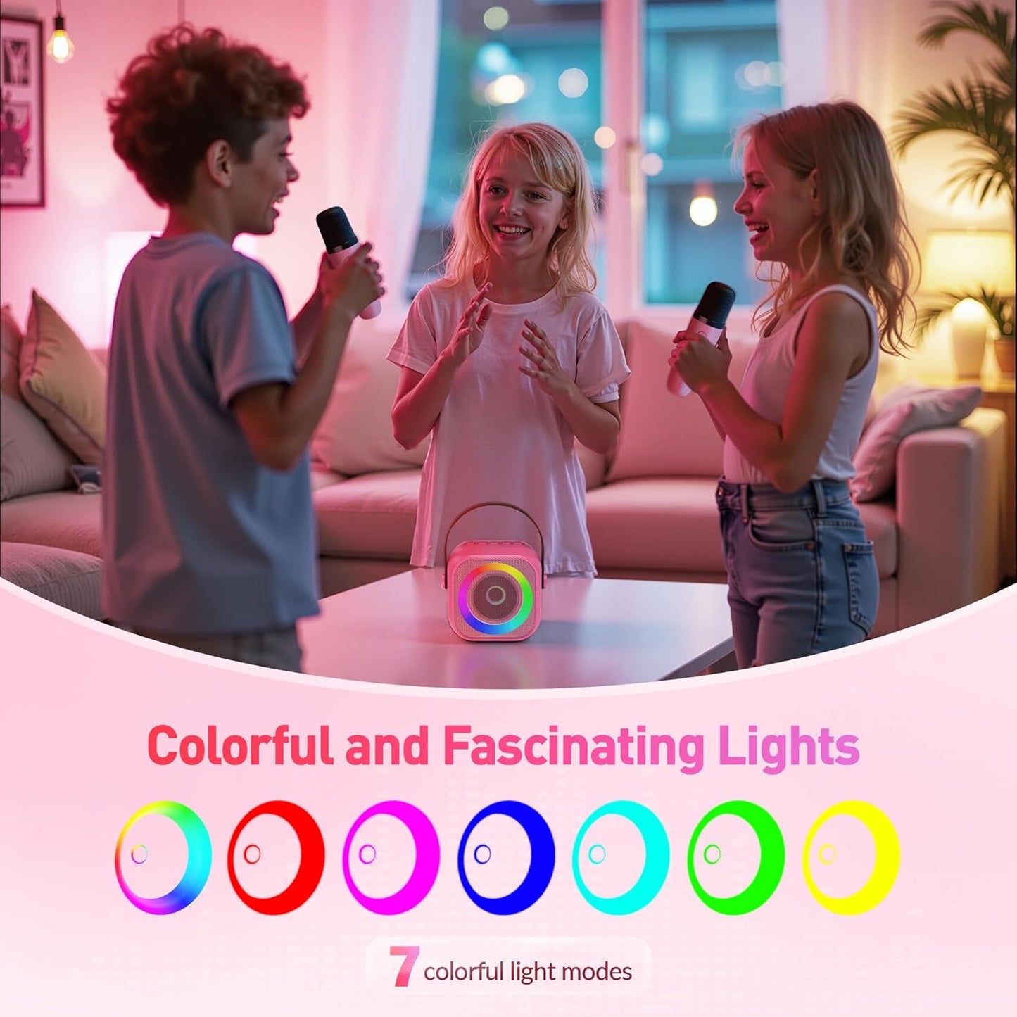 Mini Karaoke Machine for Kids Adults, Portable Bluetooth Speaker with 2 Wireless Microphone, Birthday Gifts for Girls Boys Ages 4, 5, 6, 7, 8, 9, 10, 12+ Years Old (Pinkcolor)