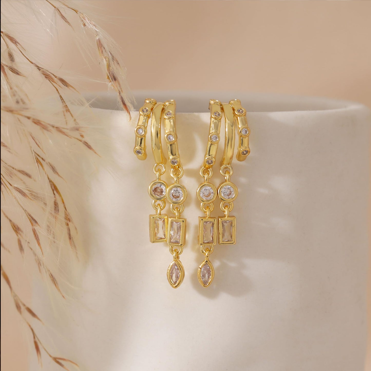 Dangle Earrings for Women,14k Gold Plated Triple Huggie Stud Earrings Cute Statement Chain Earring Dainty Drop Earrings for Women Trendy Gold Plated Jewelry