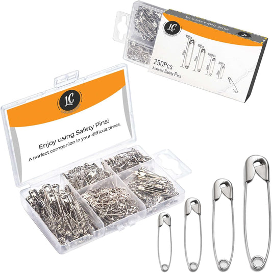 250 Pack Safety Pins by Luxurecourt, 4 Assorted Sizes of Durable, Silver Small and Large SafetyPins Bulk, Rust-Resistant Nickel Plated Steel, Sharp Edge Safety Pins for Clothes, Sewing, Arts & Craft
