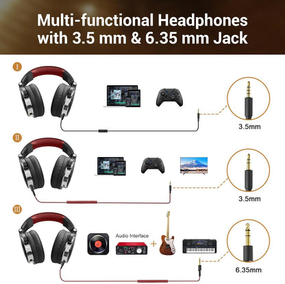 OneOdio Pro-10 Over-Ear Kabelkopfhörer für Schule Studio-Monitor & Mixing DJ Stereo-Headsets, 50mm Neodym-Treiber, Inline-Mikrofon, 3,5mm/6,35mm Klinke für Verstärker Computer Aufnahme Telefon Klavier Gitarre