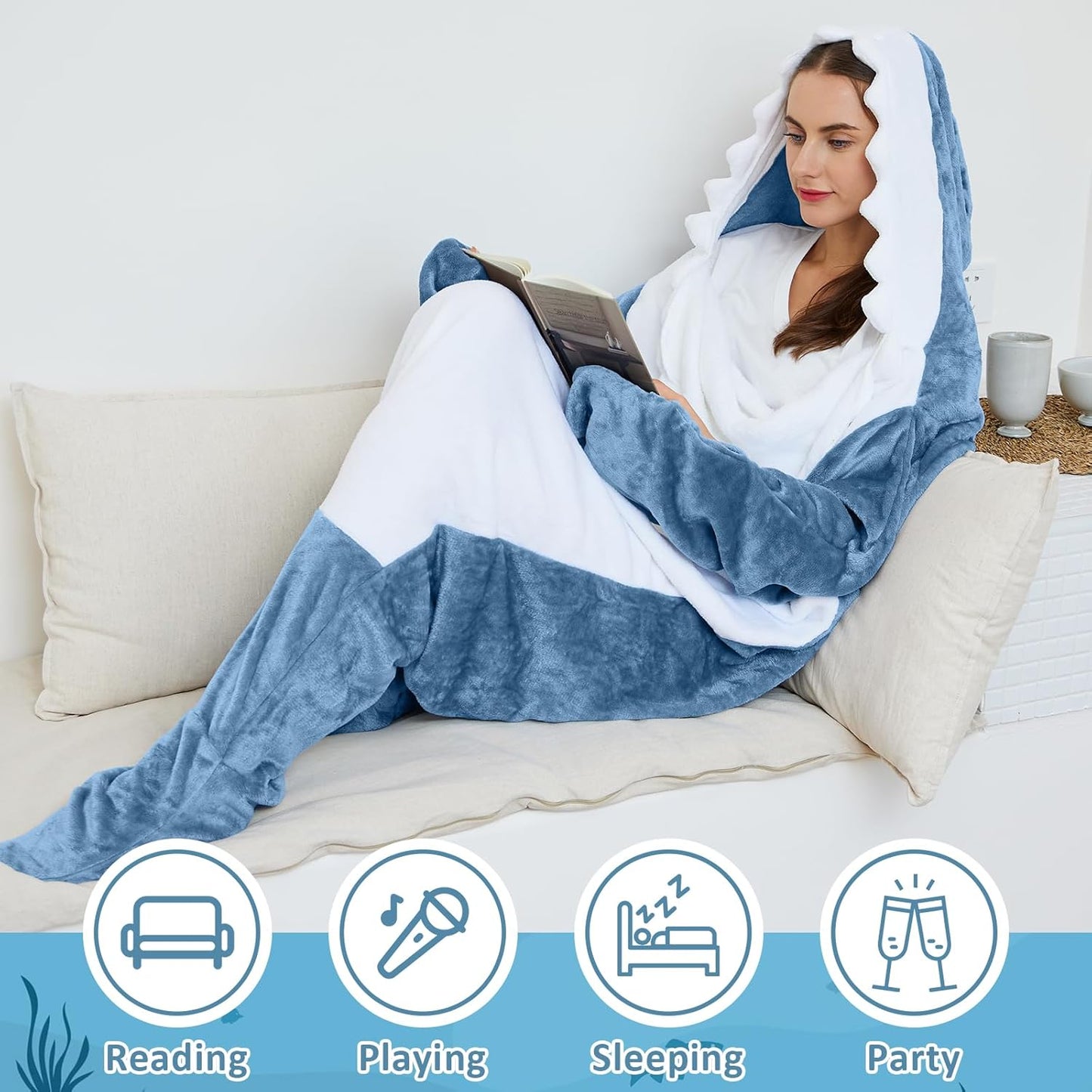 Shark-Decke-Hoodie-Onesie für Erwachsene und Kinder, kuscheliger Flanell-Kostüm-Schlafsack
