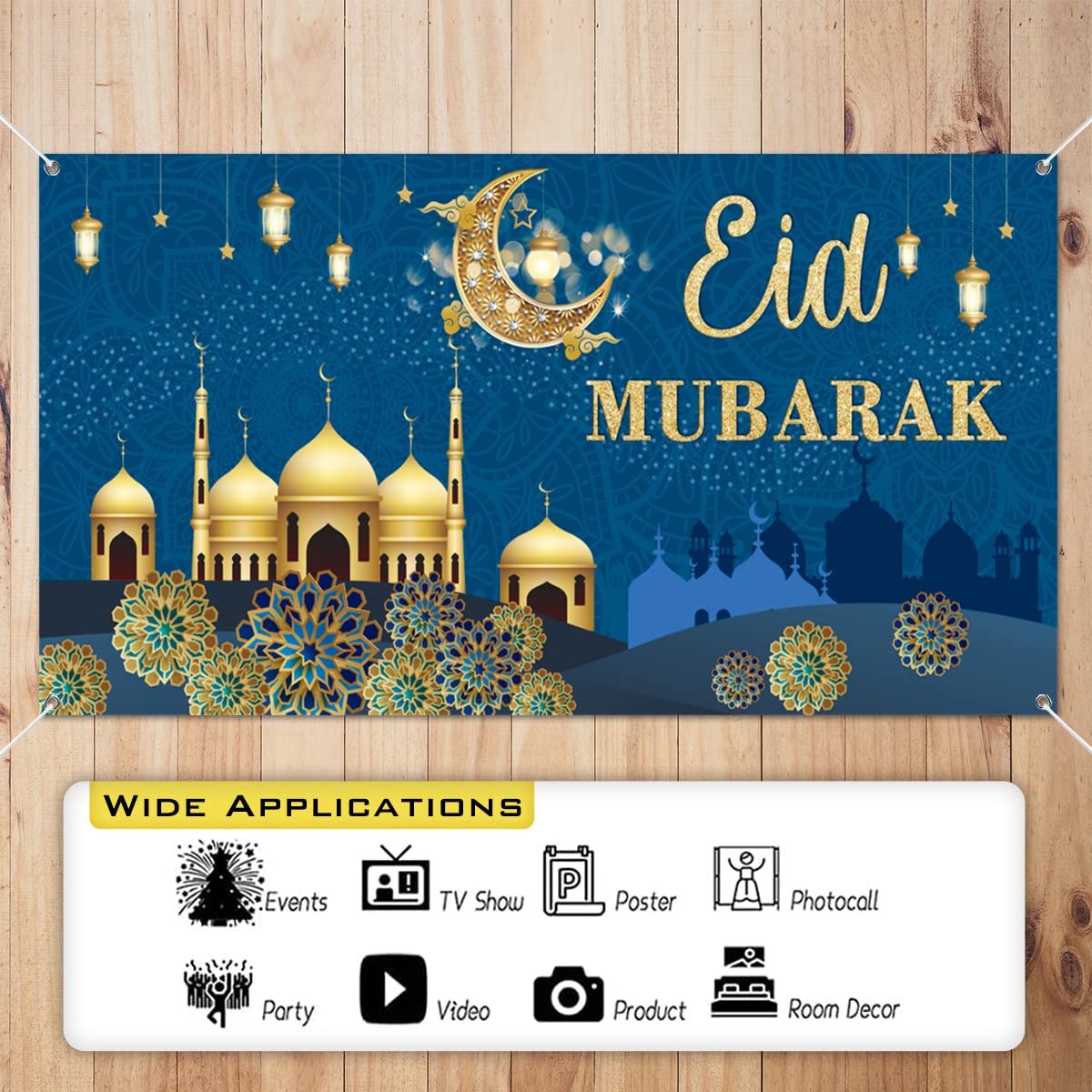PARSUP Eid blauer Banner, geometrisches Muster, 78 x 43 Zoll, Wandmontage, muslimische Ramadan-Party-Zubehör