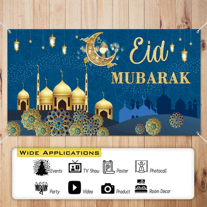 PARSUP Eid blauer Banner, geometrisches Muster, 78 x 43 Zoll, Wandmontage, muslimische Ramadan-Party-Zubehör