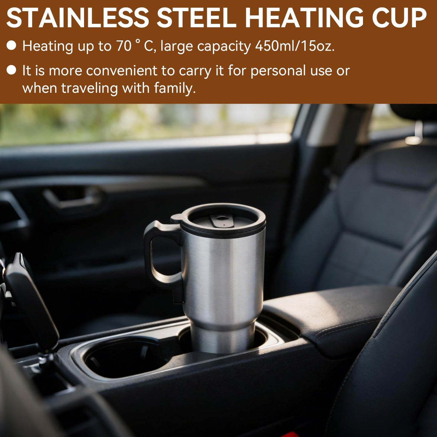 HERCHR 12V 450ml Auto-Heizbecher, Heißwasserkessel Elektrische Tragbare Auto-Elektrotasse Edelstahl Beheizter Reisebecher für Wasser Kaffee Milch Tee
