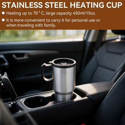 HERCHR 12V 450ml Auto-Heizbecher, Heißwasserkessel Elektrische Tragbare Auto-Elektrotasse Edelstahl Beheizter Reisebecher für Wasser Kaffee Milch Tee