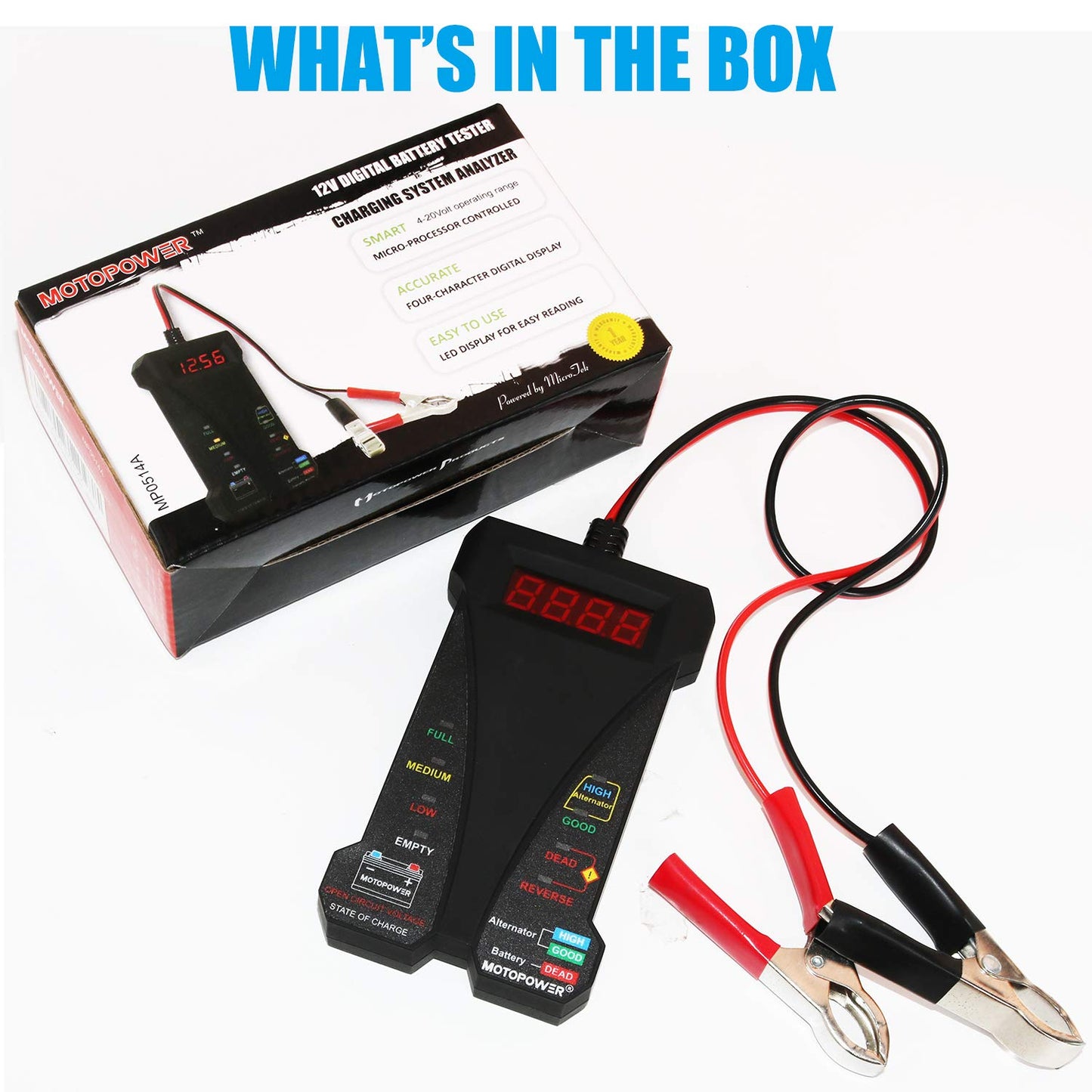 MOTOPOWER MP0514A 12V Digitaler Autobatterietester Voltmeter und Ladesystemanalysator mit LCD-Anzeige und LED-Indikation – Schwarze Gummifarbe