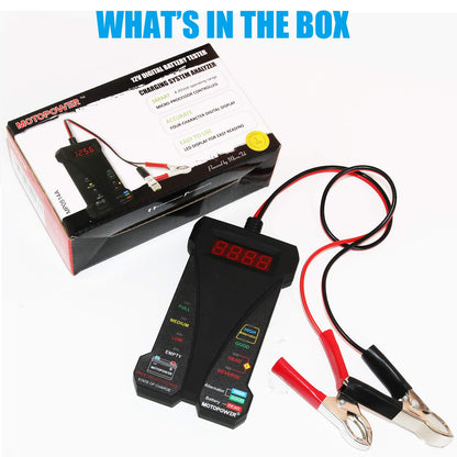MOTOPOWER MP0514A 12V Digitaler Autobatterietester Voltmeter und Ladesystemanalysator mit LCD-Anzeige und LED-Indikation – Schwarze Gummifarbe