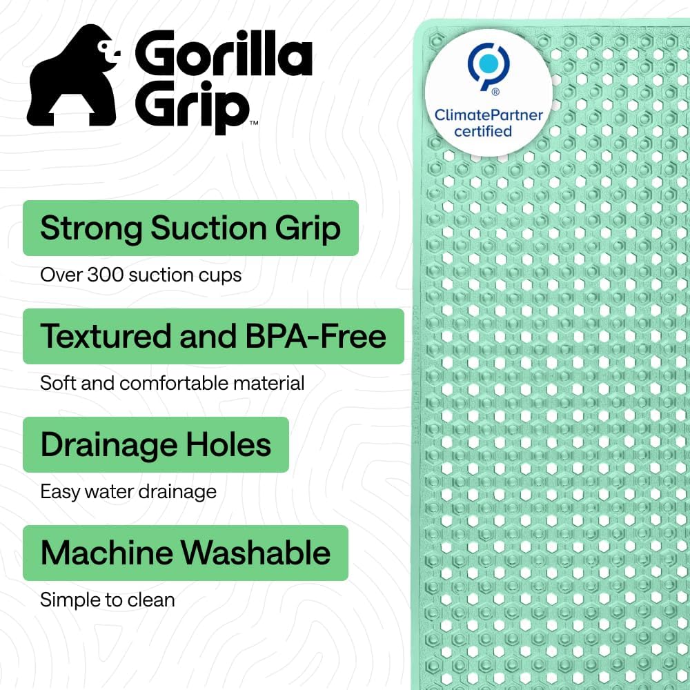 GORILLA GRIP Patentierte Badewannen-Duschmatte, Maschinenwaschbare Badewannenbodenmatte, Saugnäpfe und Abflusslöcher für saubere Wannen, Badezimmer-Essentials, 89x41 cm, Transparent