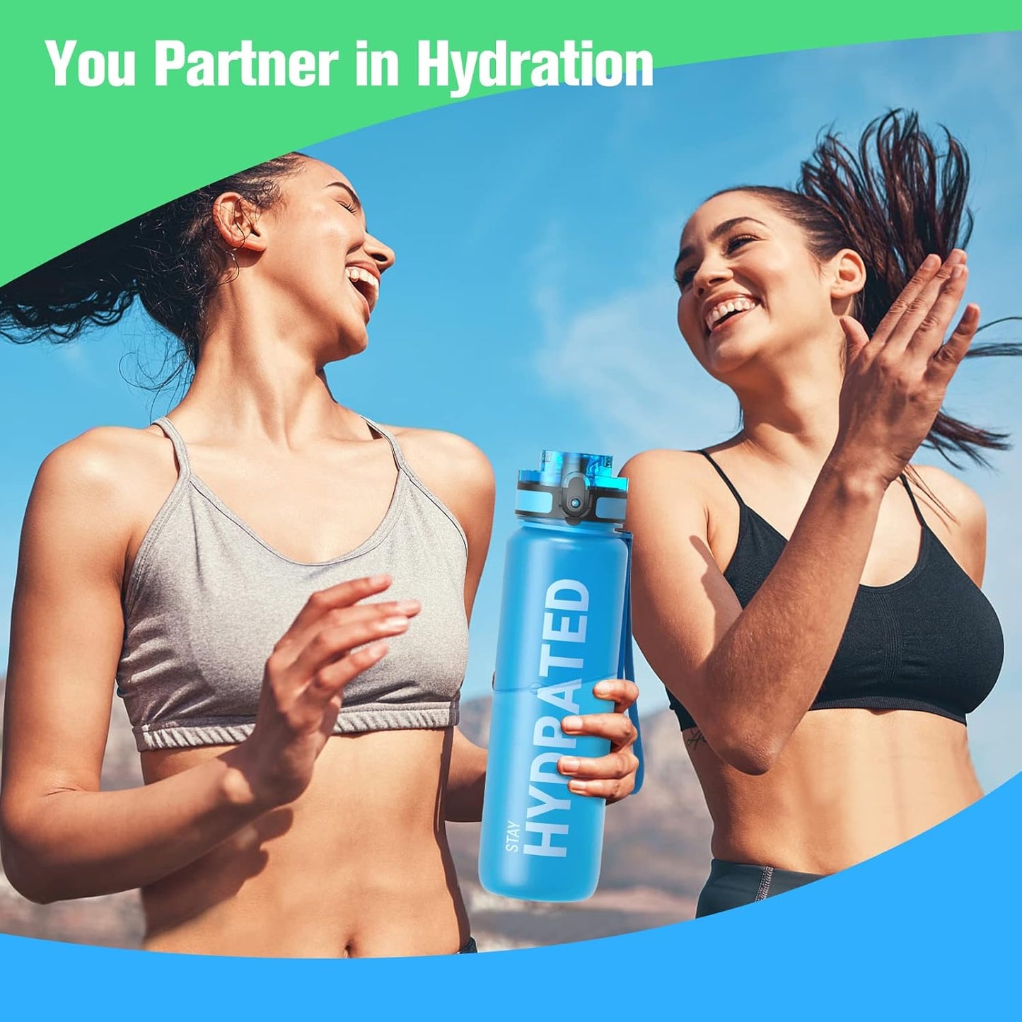 Sahara Sailor Trinkflasche, 950ml Motivations-Sportflasche mit Zeitmarkierung – Trinkzeiten – Tritan, BPA-frei, weite Öffnung auslaufsicher, Fast-Flow-Technologie mit Reinigungsbürste (1 Flasche)