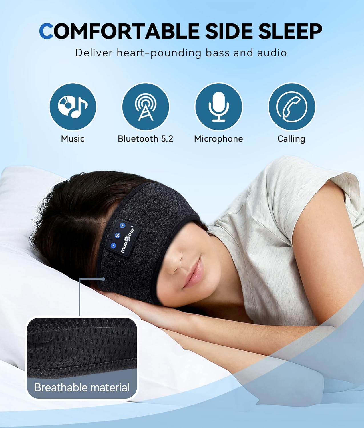 MUSICOZY Bluetooth 5.4 Schlaf-Kopfhörer-Stirnband, kabellose Schlaf-Kopfhörer-Schlafmaske Ohrhörer IPX6 wasserdicht für Seitenschläfer, Training, Laufen, Schlaflosigkeit, Reisen, Yoga, coole Tech-Gadgets, einzigartiges Geschenk