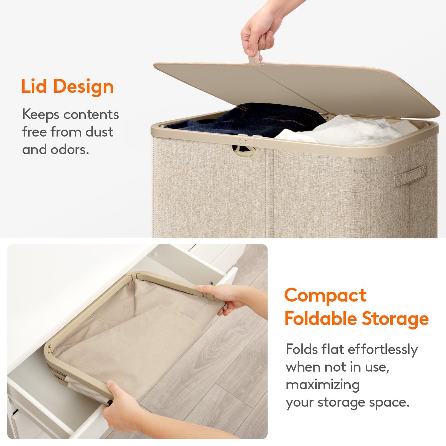 Lifewit 105L Large Laundry Basket with Lid, Laundry Hamper with Plastic Handles and Removable Bag, Foldable Tall Dirty Clothes Hampers for Laundry for Laundry Room, Bedroom, Bathroom, Dorm, Beige