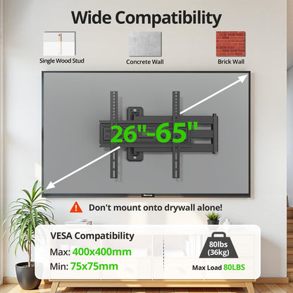 USX MOUNT Swivel TV Wall Mount for 26-60 Inch TVs up to 80 lbs, Single Articulating Arm, Full Motion TV Wall Mount Bracket with Swivel and Tilt, Max VESA 400x400mm