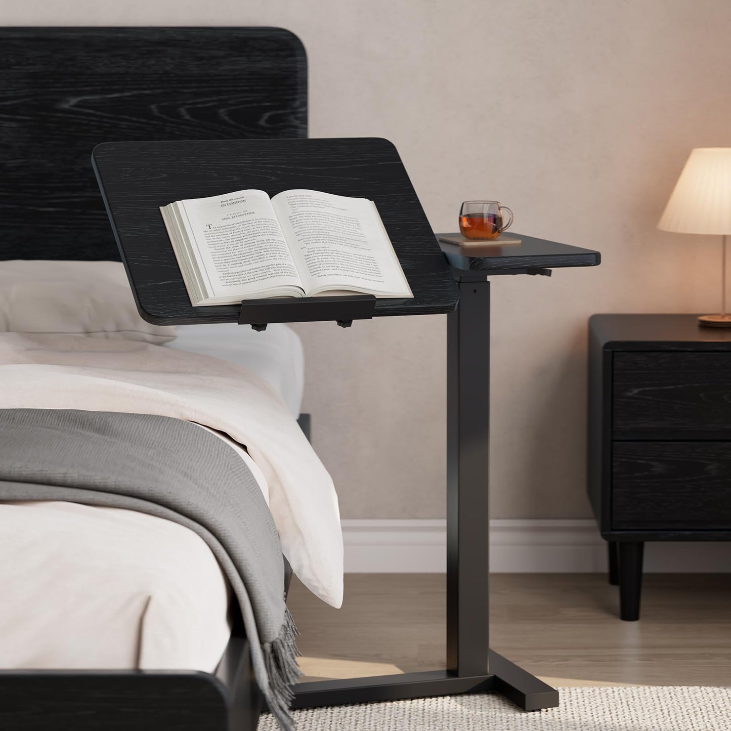 Solid Wood Overbed Bedside Table with Wheels, Tilting Adjustable Hospital Bed Table Over The Bed, Medical Mobile Laptop Stand, Rolling Standing Desk for Hospital and Home Use(Walnut)