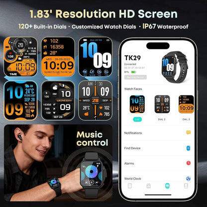Smartwatches für Damen und Herren, Smartwatch mit 120 Sportmodi, 1,83 Zoll HD-Display, Herzfrequenz-/Schlafmonitor, IP67 wasserdicht, Bluetooth-Anruf- und Musiksteuerung für iPhone/Android (Glänzend Schwarz)